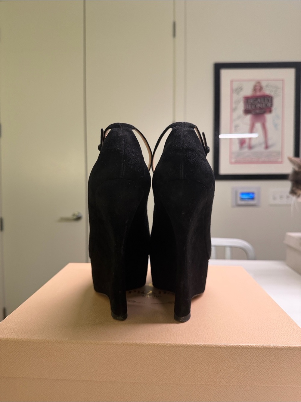 Prada Black Suede Platform Wedge Heels Ankle Strap Size 38 (US 8) With Box - Picture 7 of 10